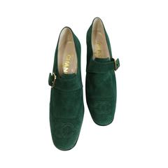 Chanel Green Suede Square Toe Ankle Strap Heels 8