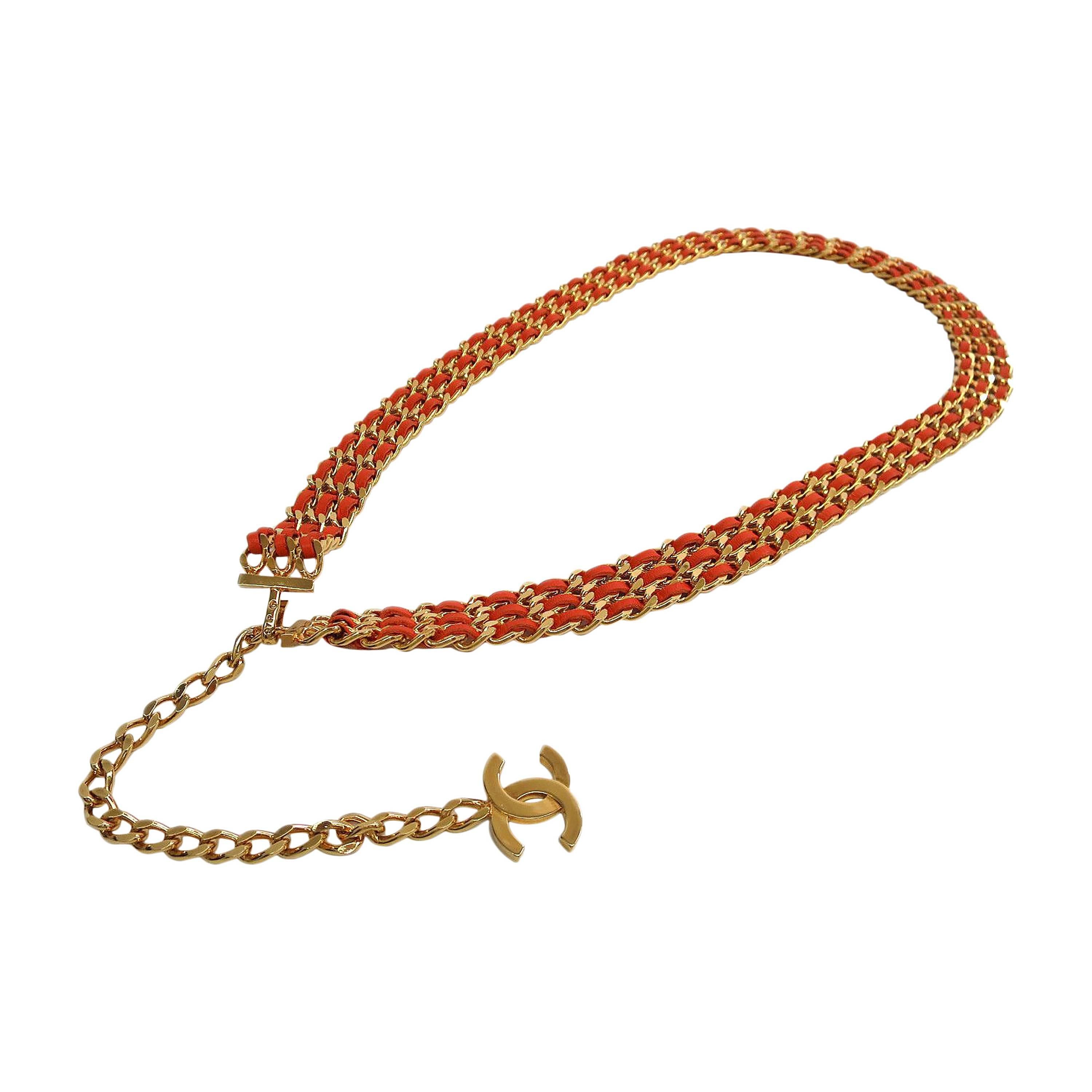Chanel Orange Leather Gold Chain Link Charm Belt