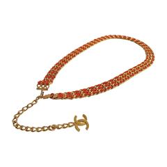 Retro Chanel Orange Leather Gold Chain Link Charm Belt