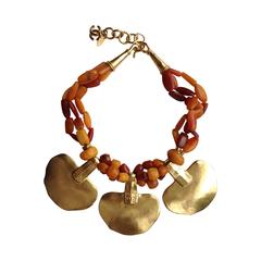 VINTAGE 98P Chanel ✿*ﾟ MASSIVE  Hammered Gold Plate Resin Amber 3-row  Necklace