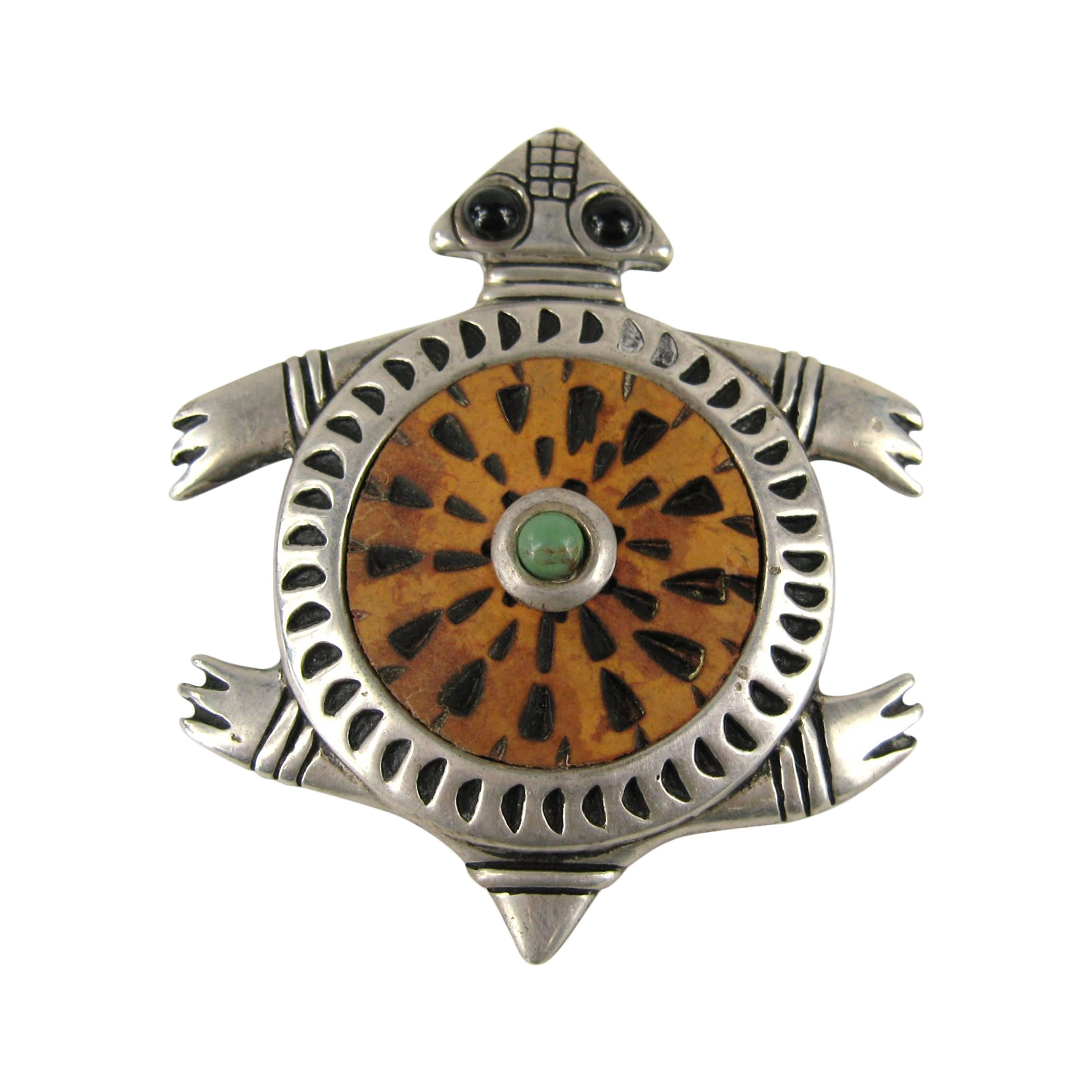Sterling Silver Native American Wood Turtle Pin Pendant 