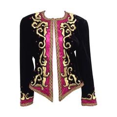 Escada by Margaretha Ley Chaqueta de noche de terciopelo negro fucsia y dorado, años 80