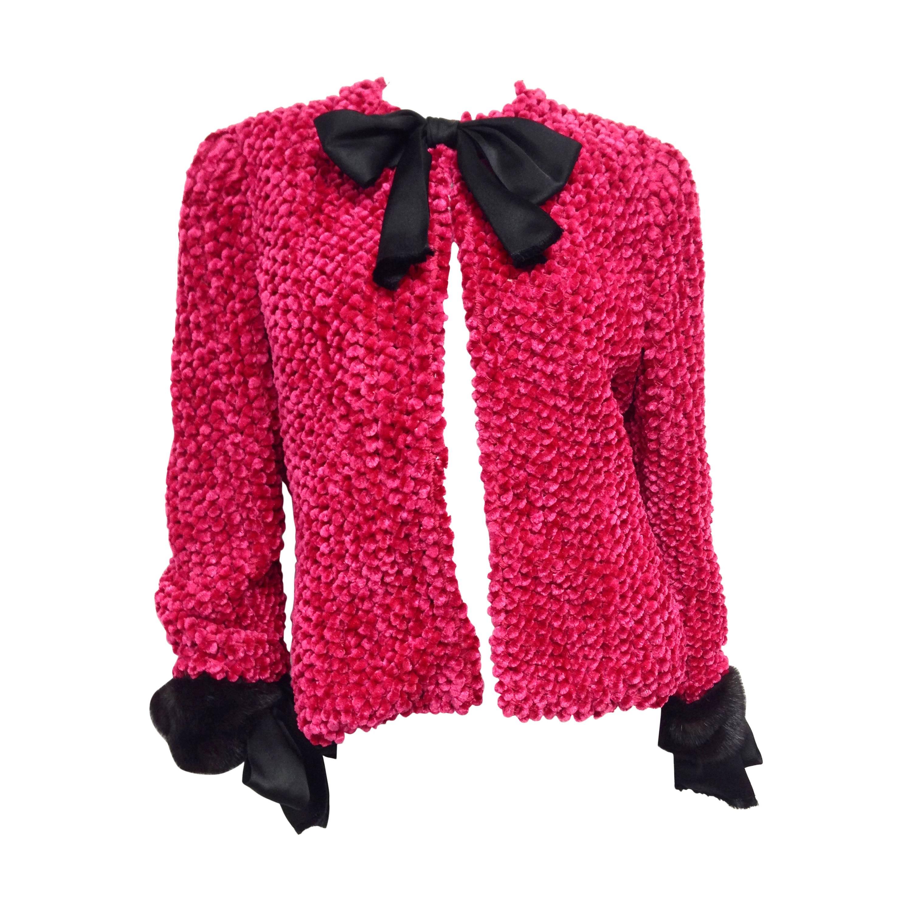 Bill Blass Red Evening Jacket with Black Satin Bows and Fur Trim, 1980s   For Sale