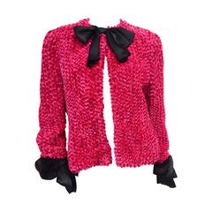 Bill Blass Red Evening Jacket with Black Satin Bows and Fur Trim, 1980s  