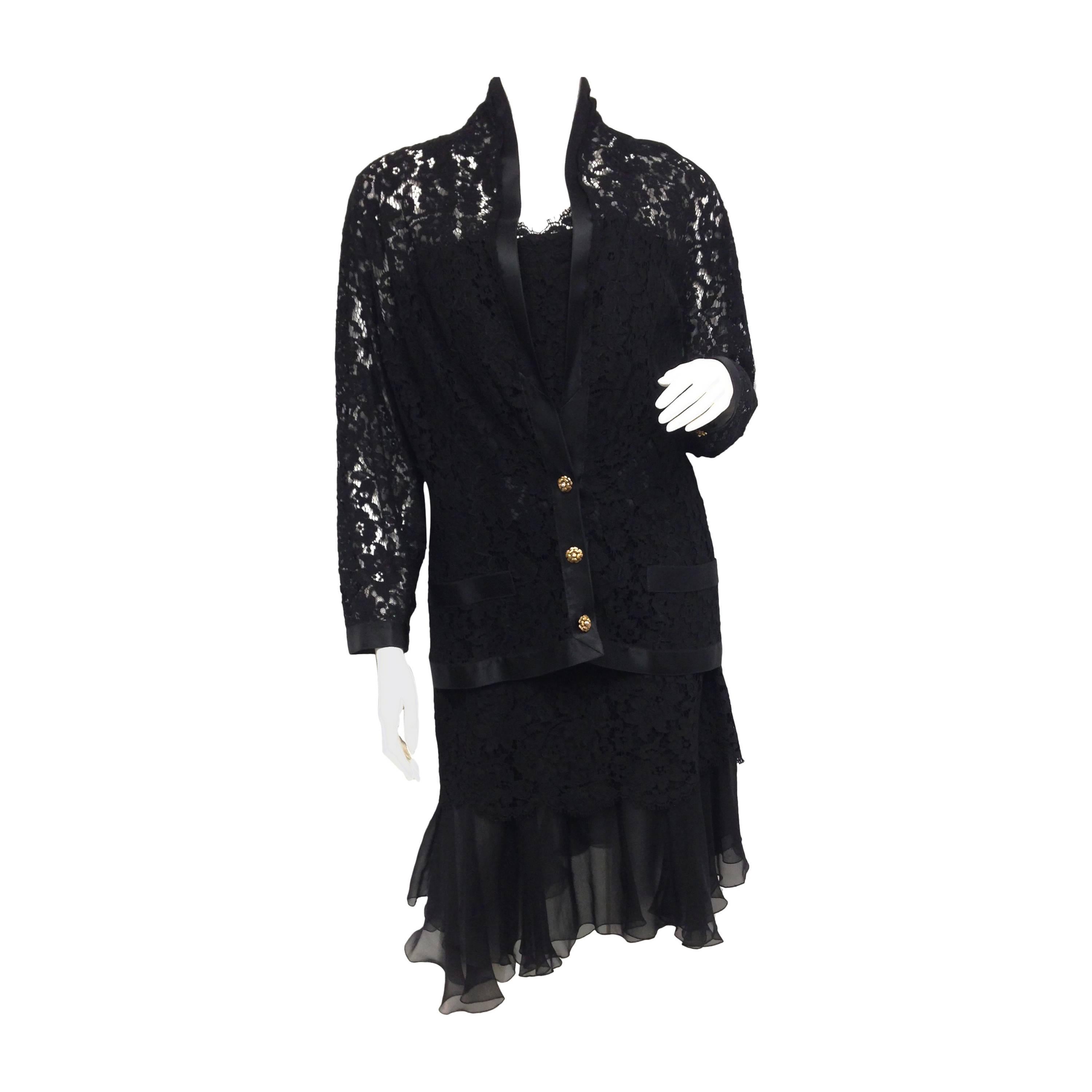 Chanel Black Lace Silk and Chiffon Strapless Hourglass Cocktail Dress Set For Sale