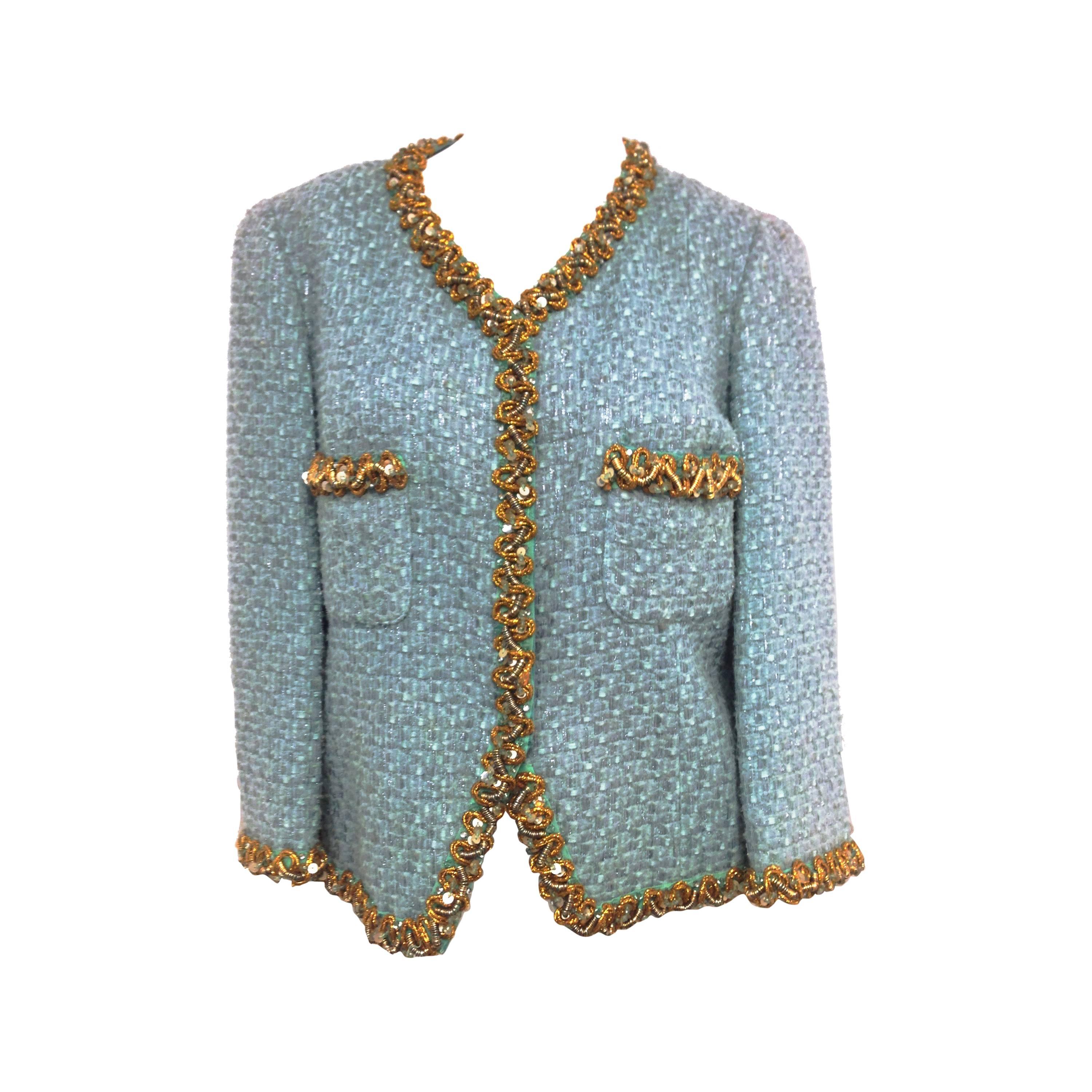 Blumarine Aqua and Gold Embroidered Tweed Jacket 