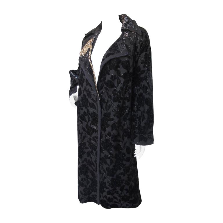 2004 Lanvin Black Sparkly Floral Print Burnout Oversize Coat
