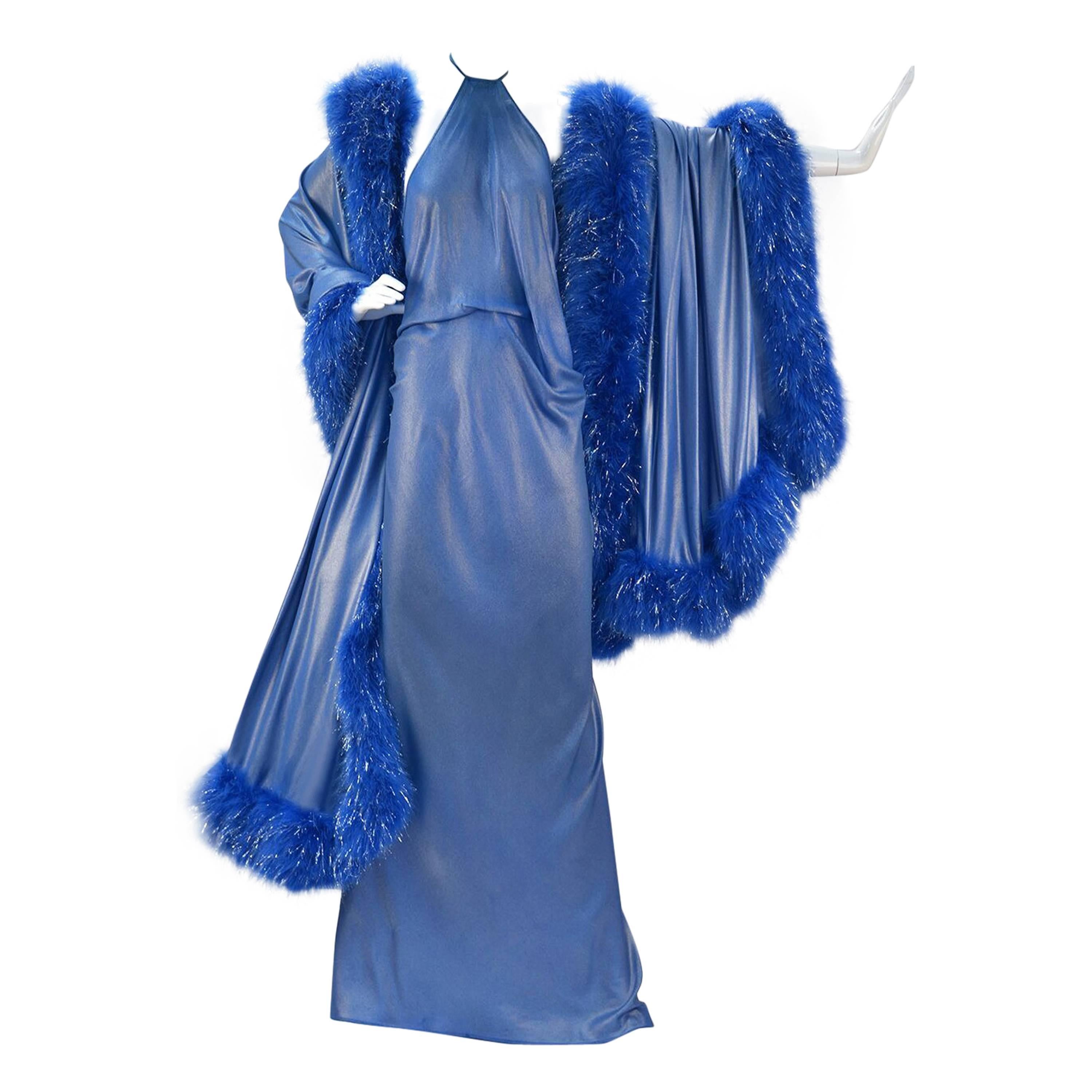 1994 Renalto Balestra Metallic Blue Halter Gown with Shawl For Sale