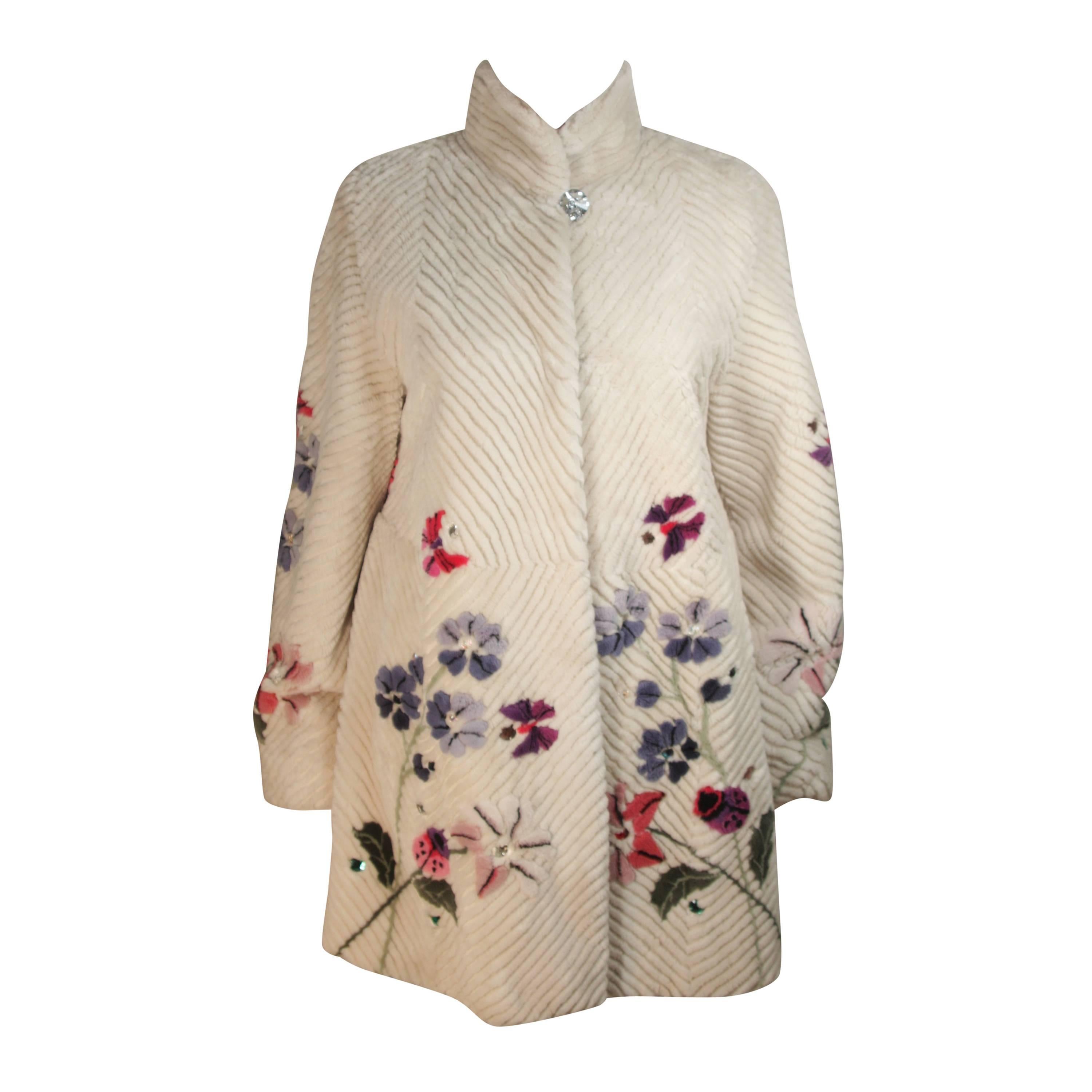 ZUKI 'Lavender Garden' Floral Fawn Sheared Beaver Coat Made to Order For Sale