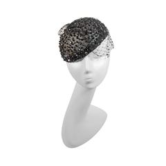 Vintage FRANK OLIVE Black Mesh Rhinestone Hat with Netting 