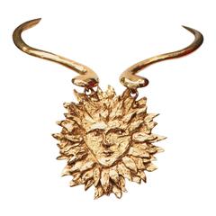 1980s Yves Saint Laurent Iconic Gilt Sun Face Necklace by Robert Goossens 1980s Yves Saint Laurent Iconic Gilt Sun Face Necklace by Robert Goossens