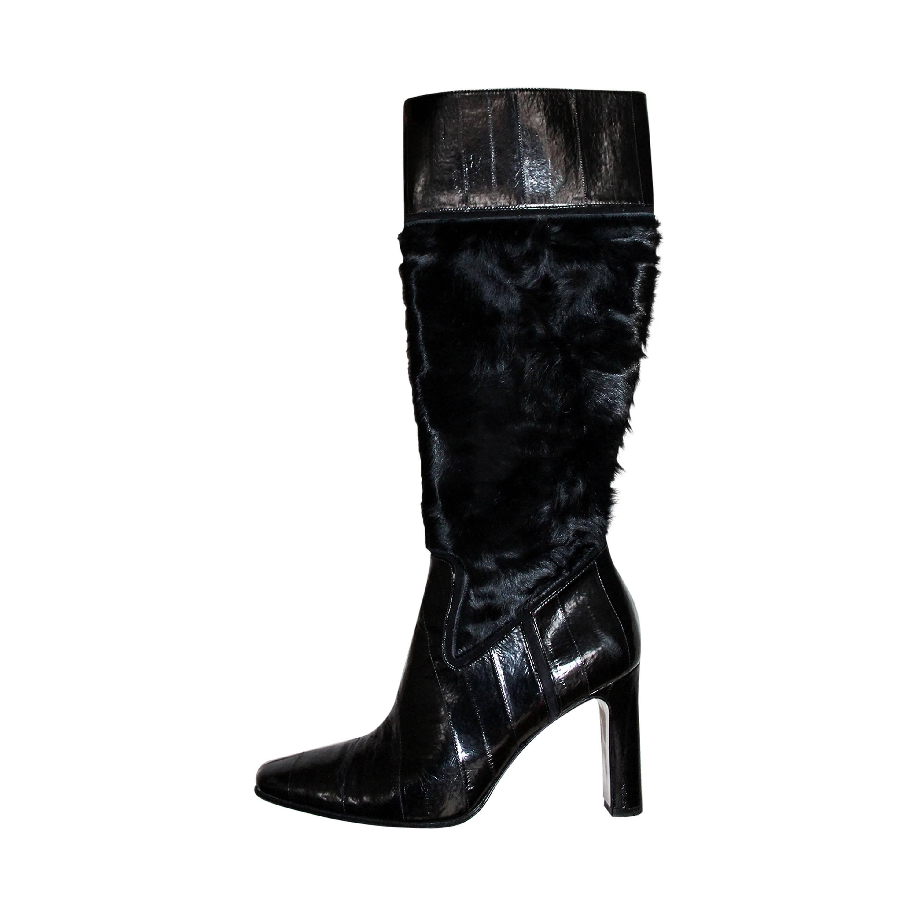Dolce & Gabbana Schwarzer Stiefel mit hohem Absatz aus Aal und Lammfell in ausgezeichnetem Zustand im Angebot