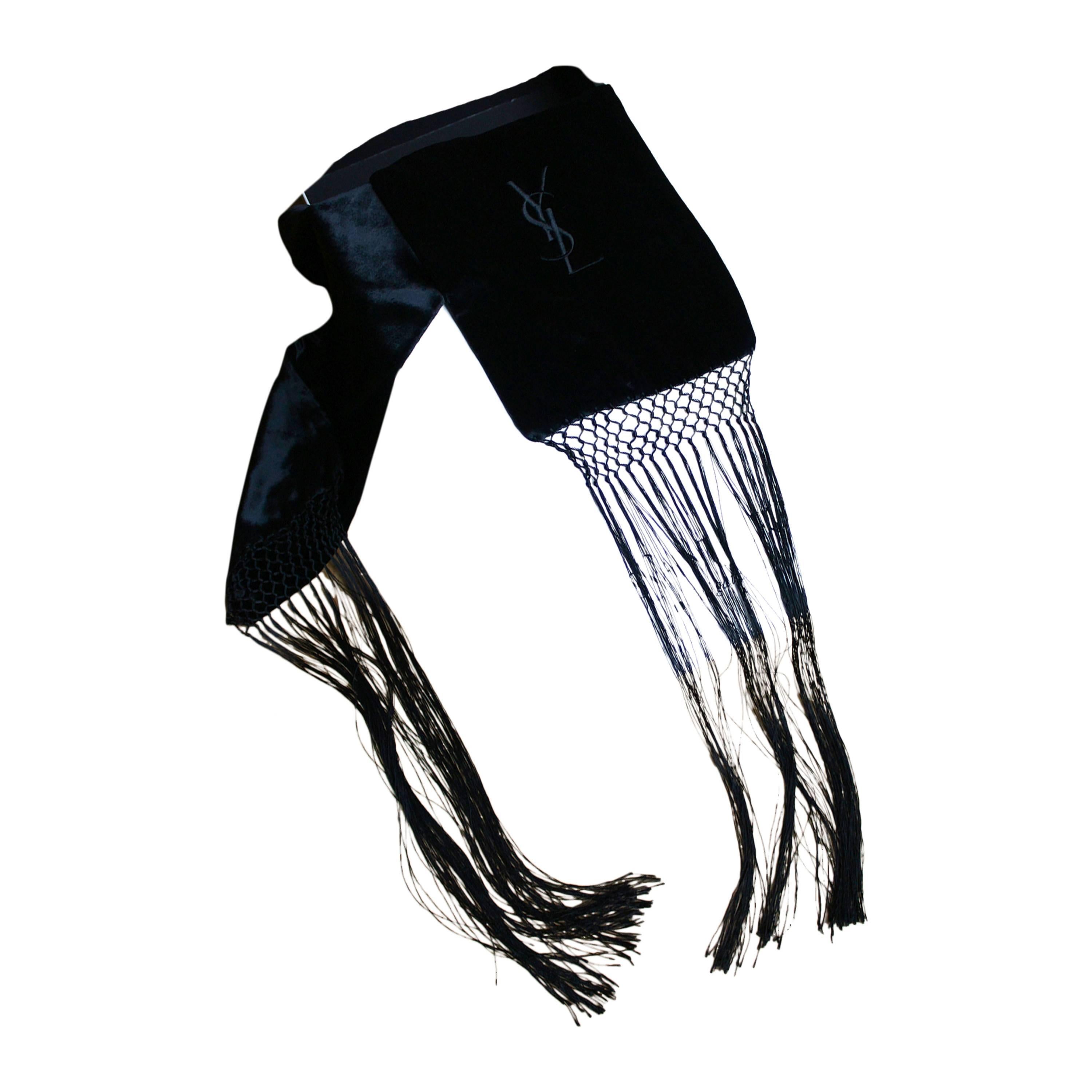 YSL rive gauche, 2008, black silk velvet scarve with fringes.