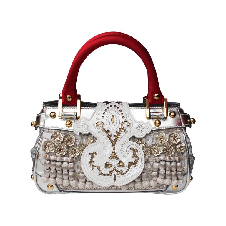 1990 Christian Lacroix Handbag with Silver Leather and Red Silk at 1stDibs