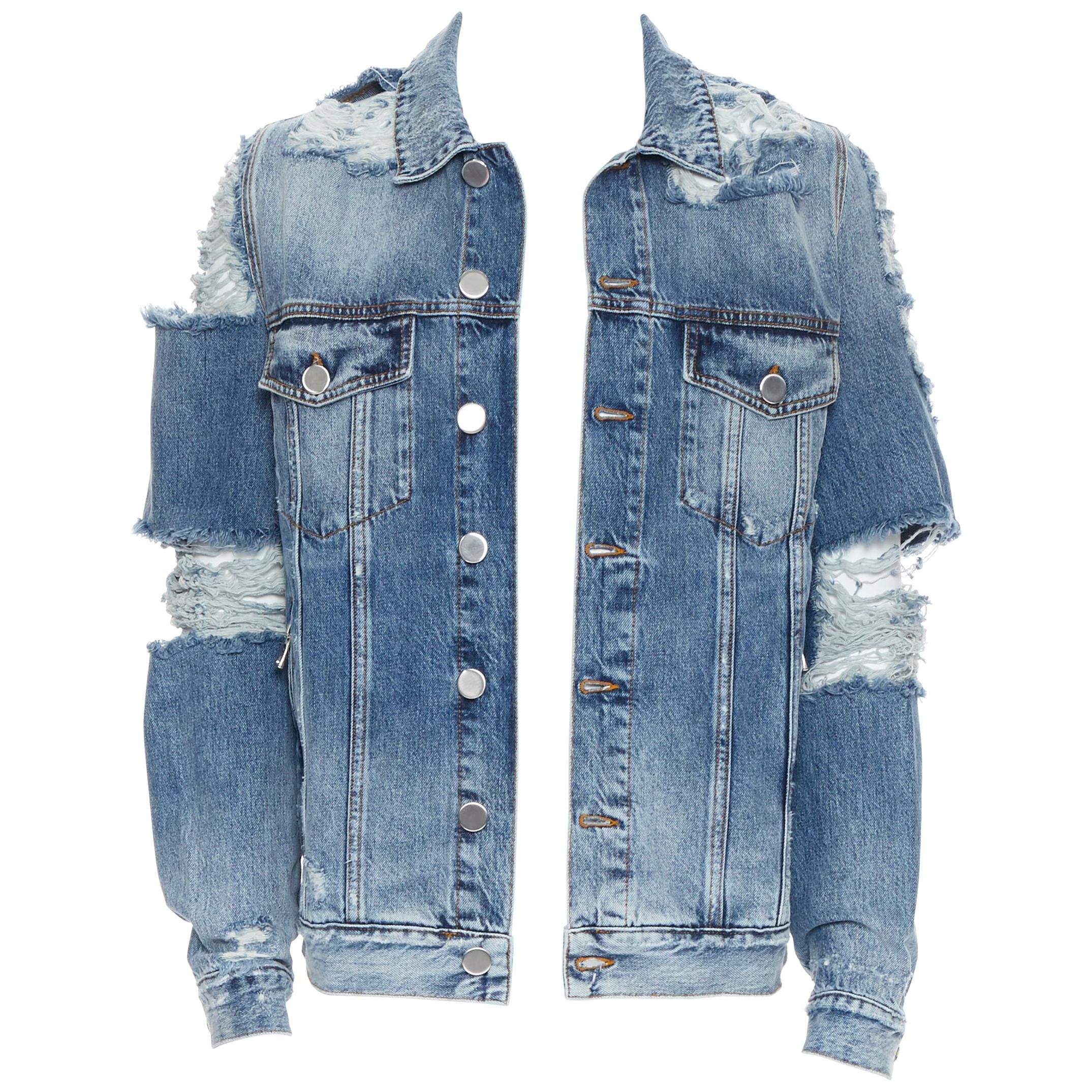 new BALMAIN blue washed heavy distressed holey casual denim trucker jacket S For Sale