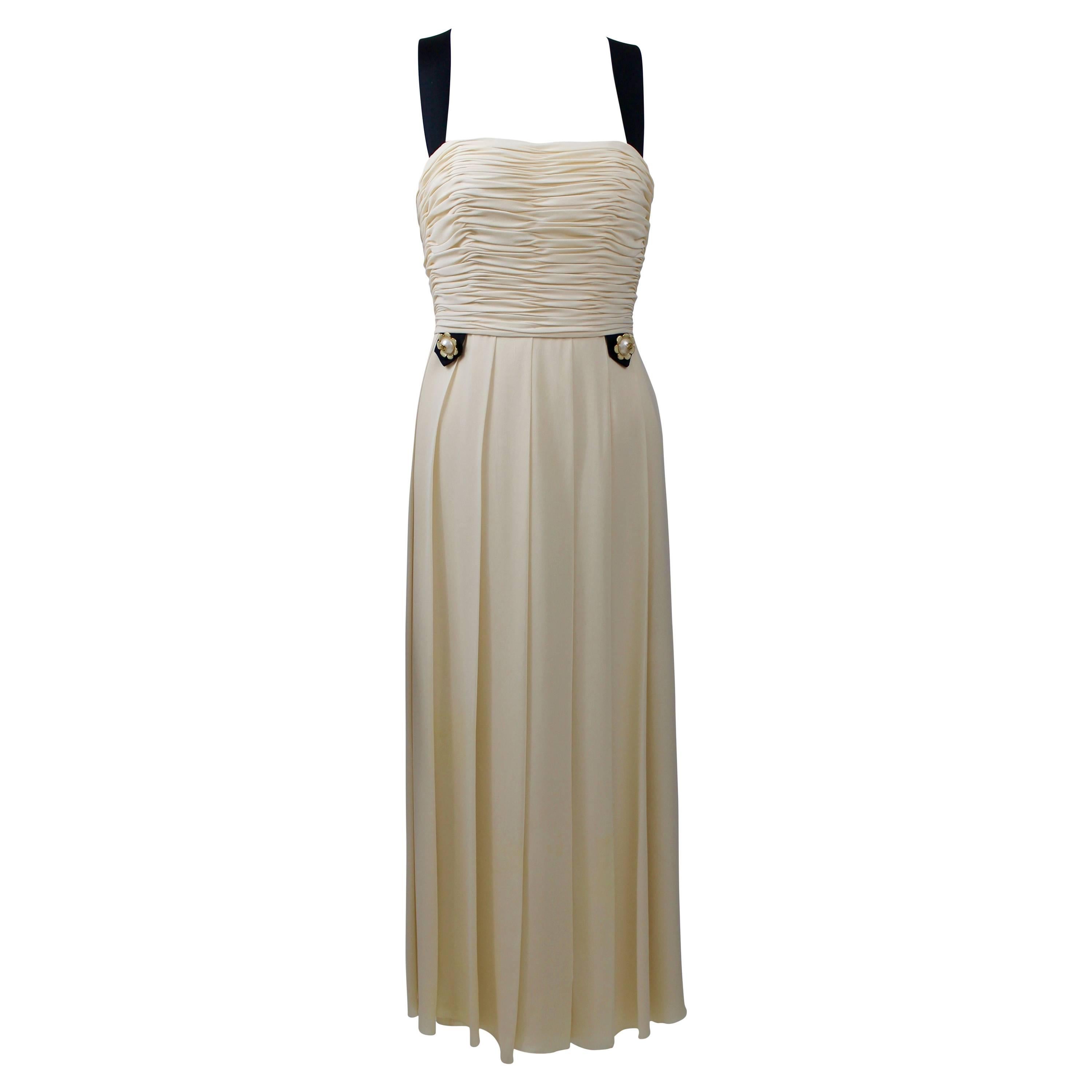 1994 Chanel Ivory Silk chiffon Ruched Bodice and Pearl Button Dress ...