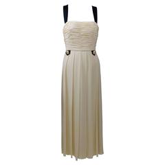 1994 Chanel Ivory Silk chiffon Ruched Bodice and Pearl Button Dress Vintage