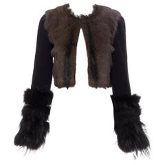 CHLOE brown goat fur fox trimmed cuff wool cashmere knitted cropped jacket FR34