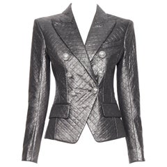 new BALMAIN gunmetal silver quilted military double breasted blazer jacket FR34