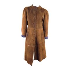 Vintage HERMES Size 6 Brown Suede Purple Shearling Button Up Patch Coat