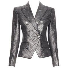 new BALMAIN silver diamond quilted military double breasted blazer jacket FR38 M