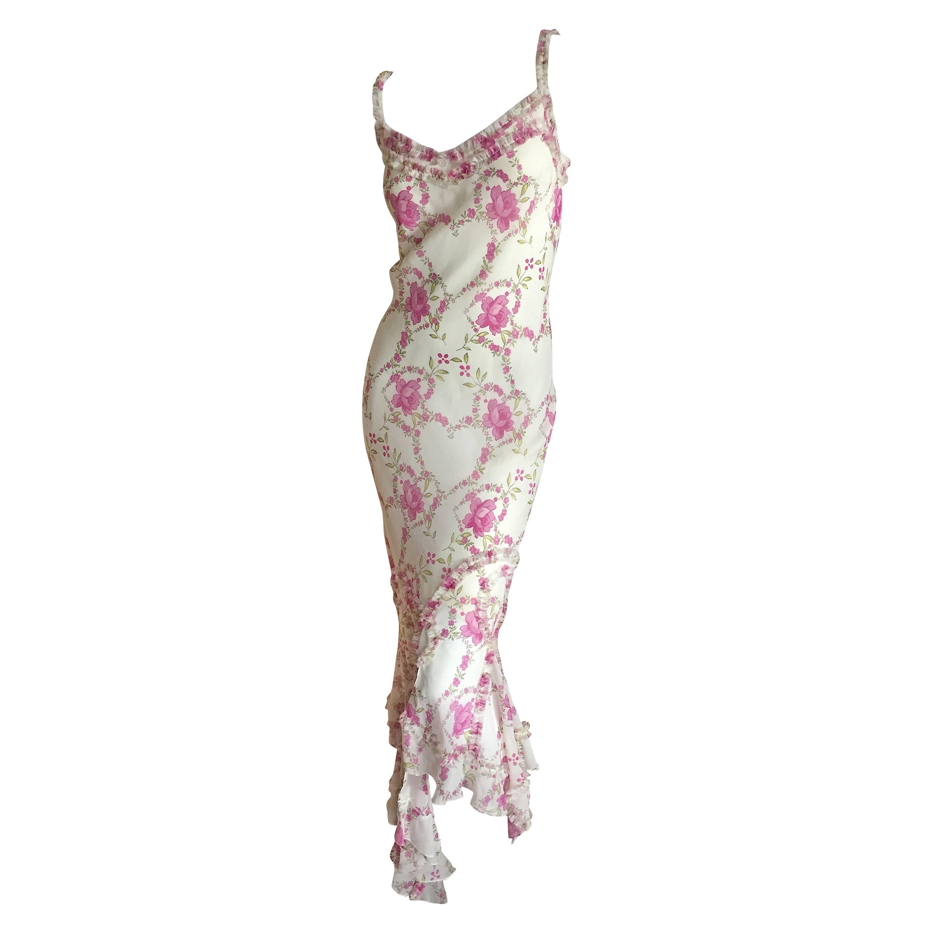 John Galliano Romantic Ruffled Rose Print Silk Dress