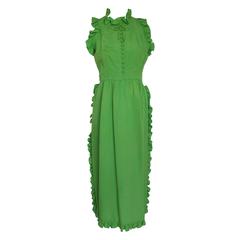 1970s Oscar de la Renta Green Sleeveless Silk Evening Dress Gown w/Ruffle Detail