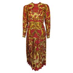 Vintage Hermes 100% Silk Red, Yellow & Gold Printed Blouse & Skirt Ensemble