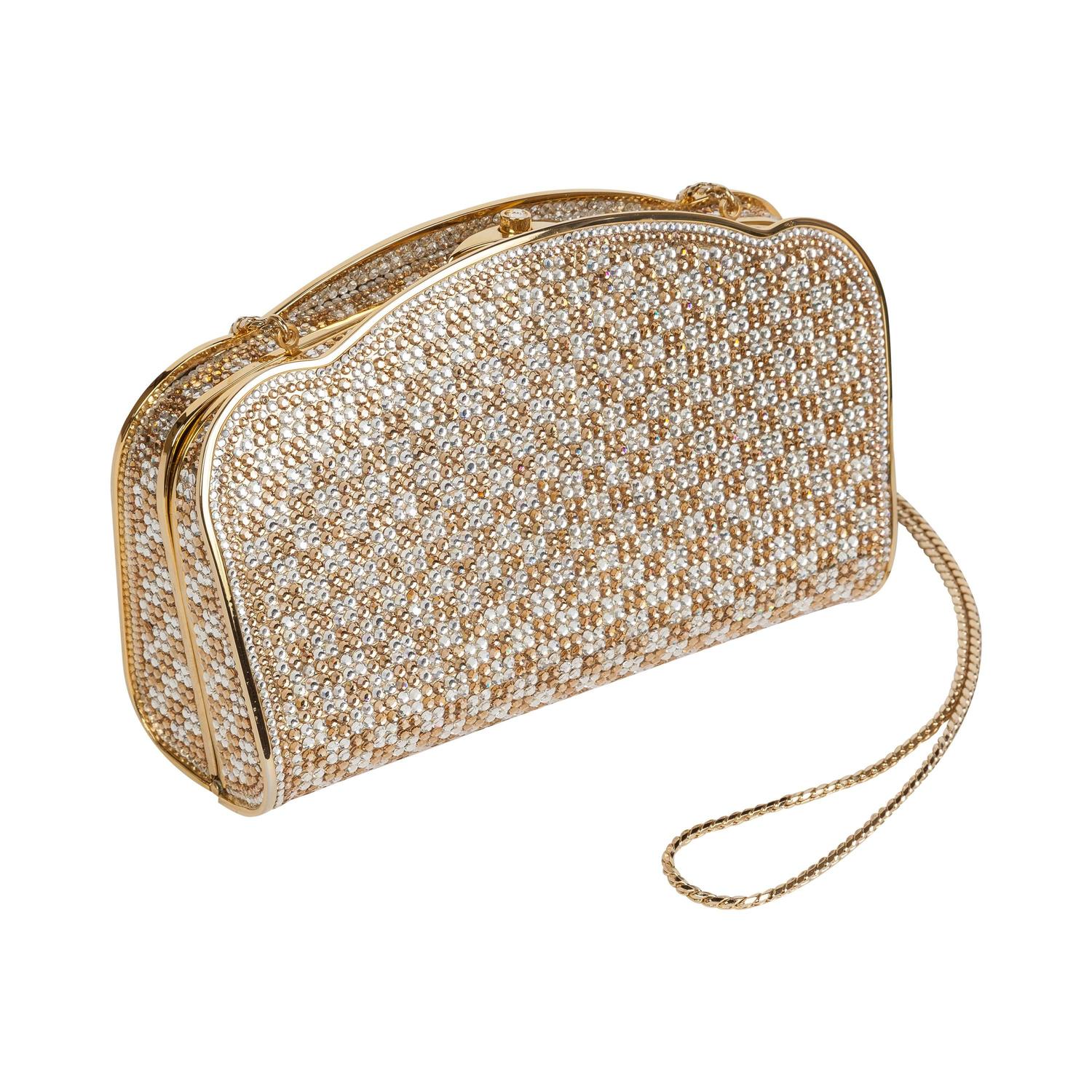 Judith Leiber Gold and Silver Swarovski Crystal Minaudière Evening Bag Clutch For Sale at 1stdibs