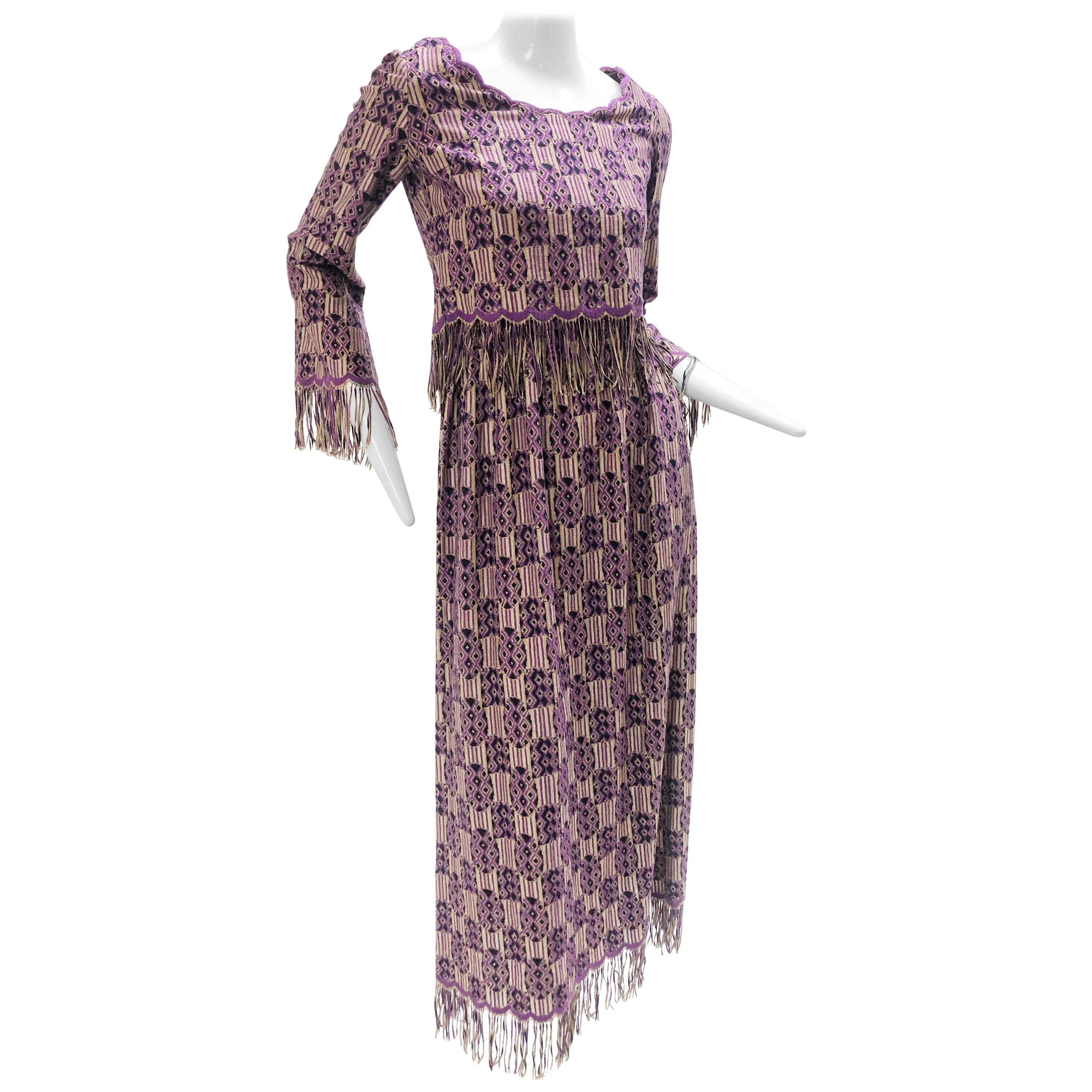 1960s Christian Dior Ethnic-Inspired Knit Maxi Dress w/ Fringed Midriff & Hem