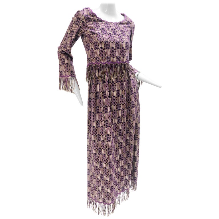 1960s Christian Dior Ethnic-Inspired Knit Maxi Dress w/ Fringed Midriff & Hem For Sale