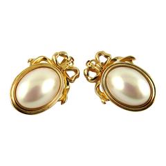Christian Dior Vintage Iconic Medallion, Ribbon and Faux Pearl Earrings