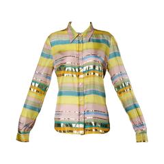 Moschino Vintage Metallic Silk Striped Button Up Blouse