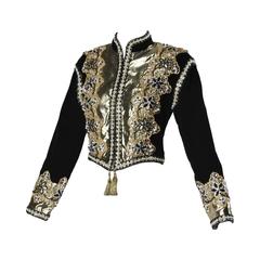 Vintage Stark perlenbesetzte Metallic Gold + Schwarz Samt Matador Trophy Jacke