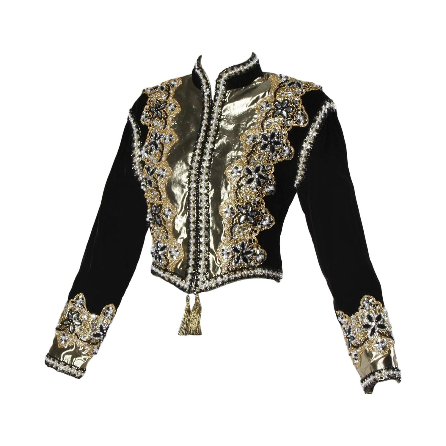 Vintage Heavily Beaded Metallic Gold + Black Velvet Matador Trophy Jacket at 1stdibs