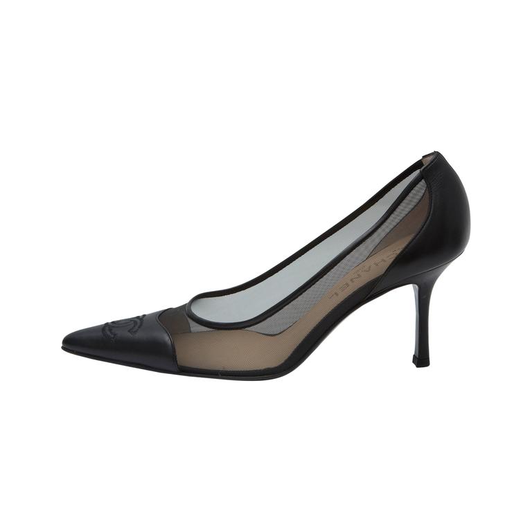 Chanel Pointy Toe Leather and Mesh Black Kitten Heel Pumps at 1stDibs