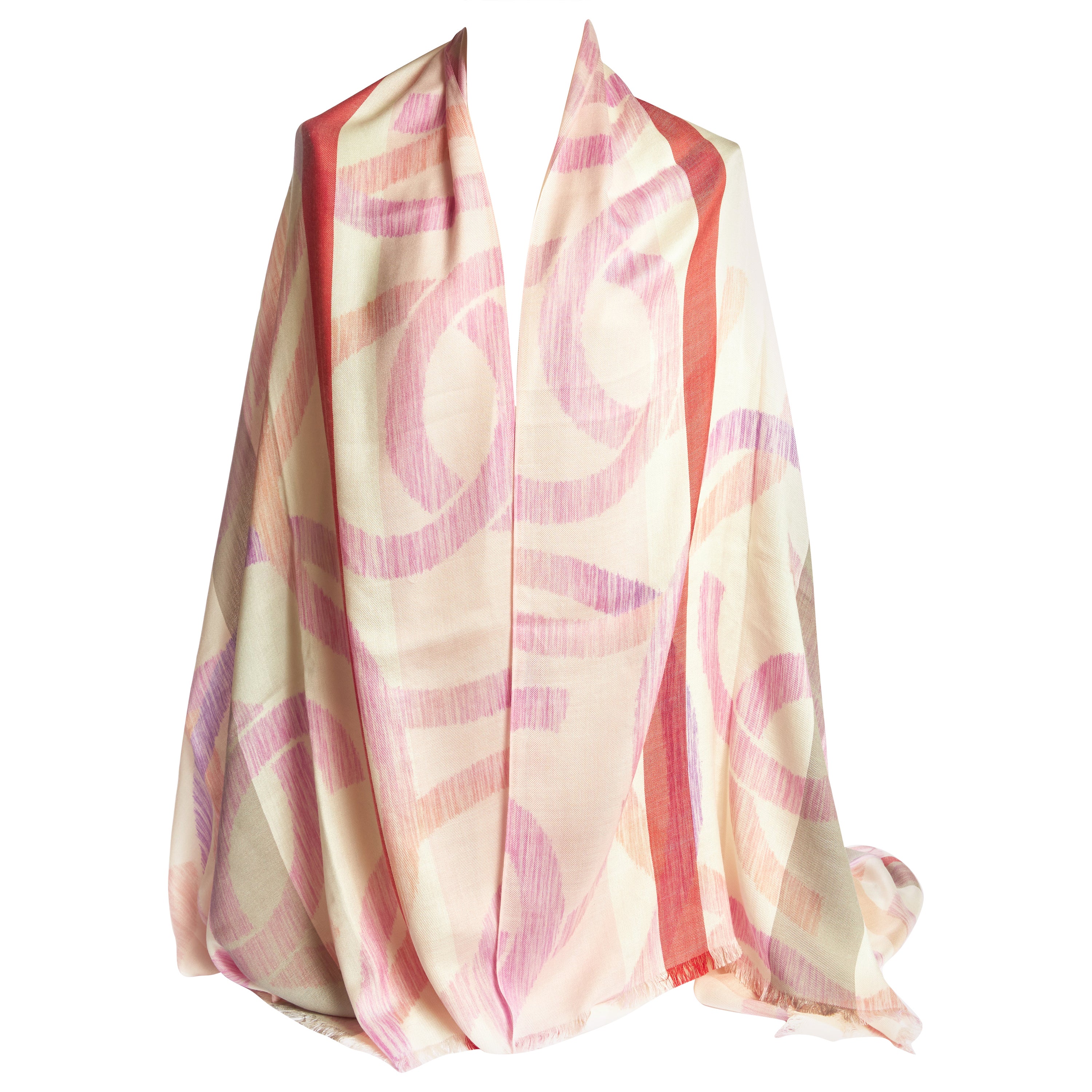 CHANEL white pink wool and silk CAMELIA PRINT Shawl Scarf at 1stDibs
