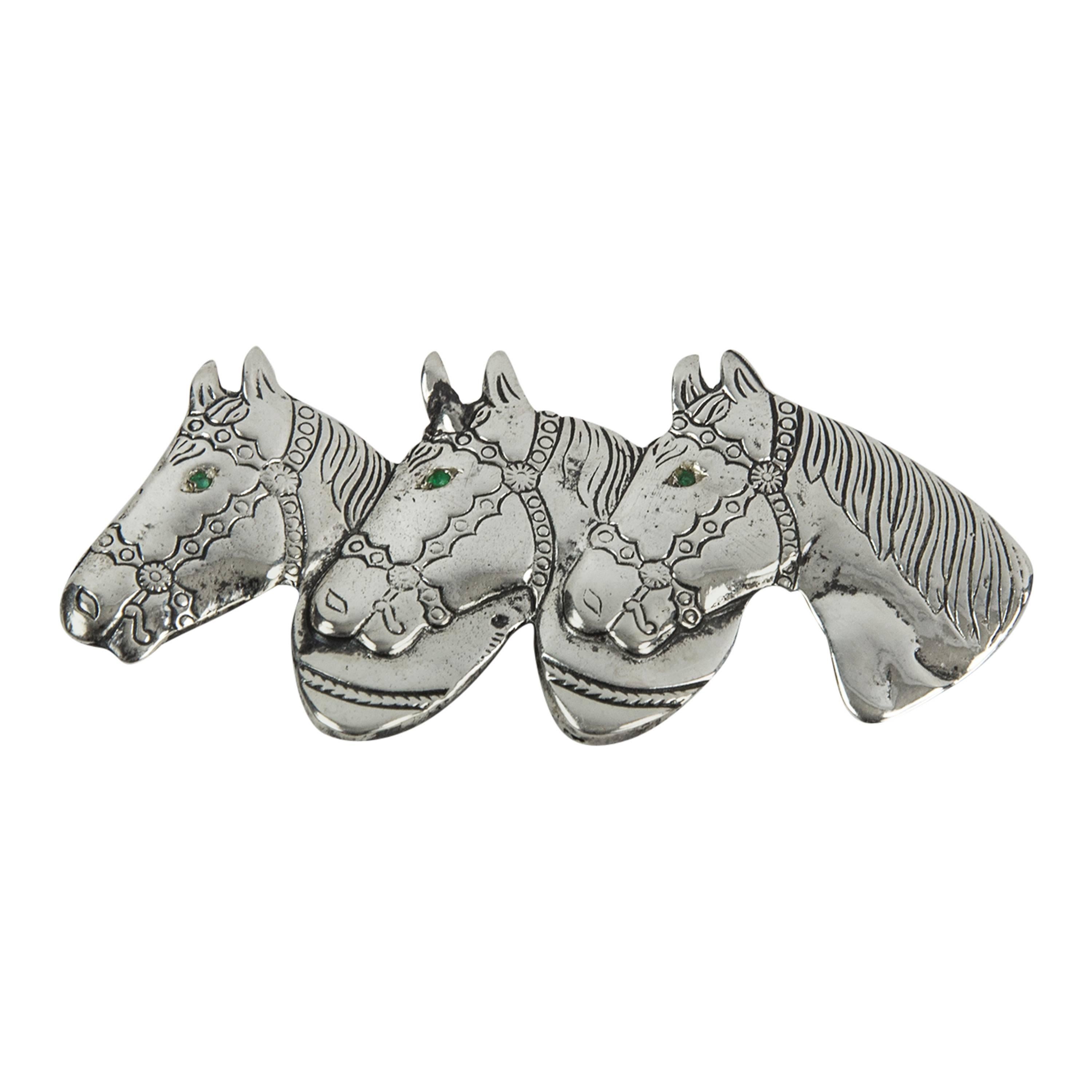 Triple Horse Head Sterling Silver Brooch Pin