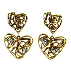 Yves Saint Laurent YSL Vintage Massive Jewelled Wired Heart Dangling Earrings