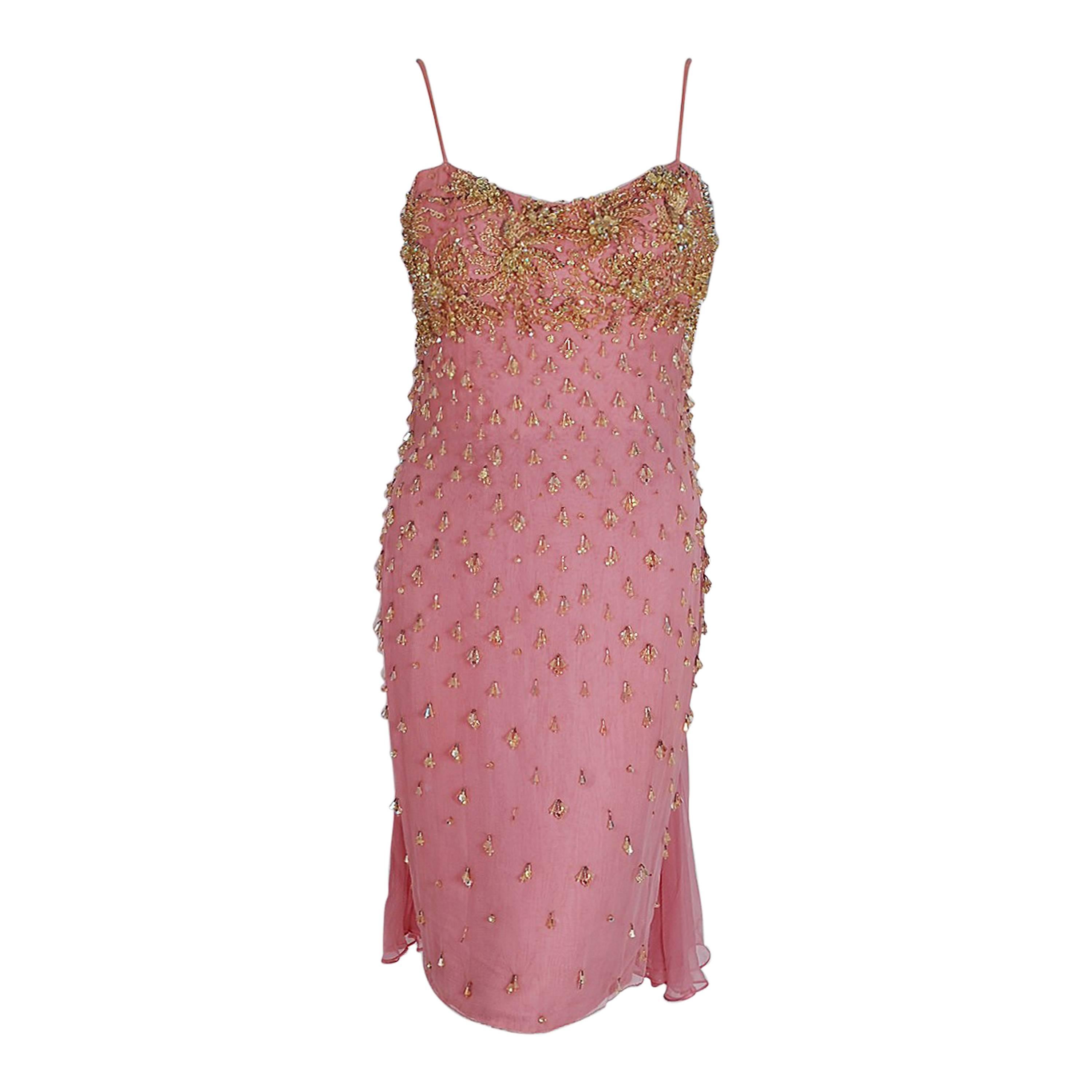 1960's Edie Adams Documented Beaded Pink Silk-Chiffon Trained Cocktail Dress 