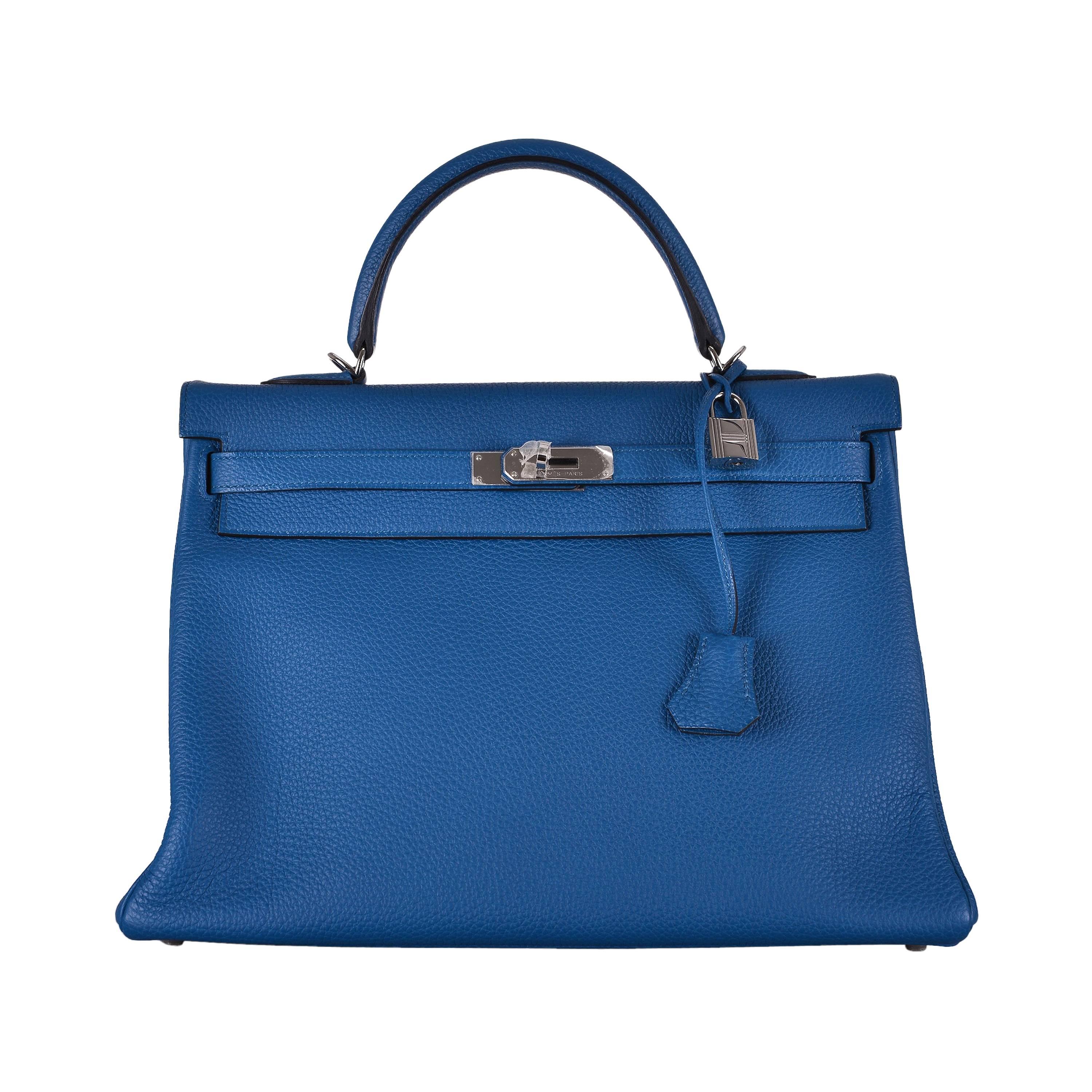 HERMES KELLY BAG 35cm BLUE DE GALICE WITH PALLADIUM TOGO JaneFinds For Sale