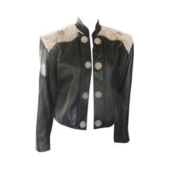 Black leather jacket embroided with pearls and rhinestones