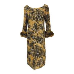 Roberto Cavalli Long Sleeve Stretch Dress With Fox Fur and Feather Cuffs 