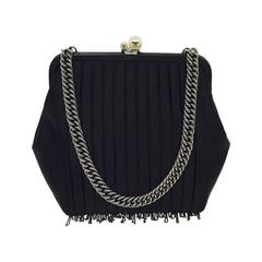 Limited Edition Chanel Black Satin Pleated Evening Bag with Chain Fringe