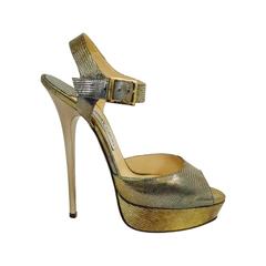 New Jimmy Choo Antique Metallic Gold Raven Lizard Print High Heels