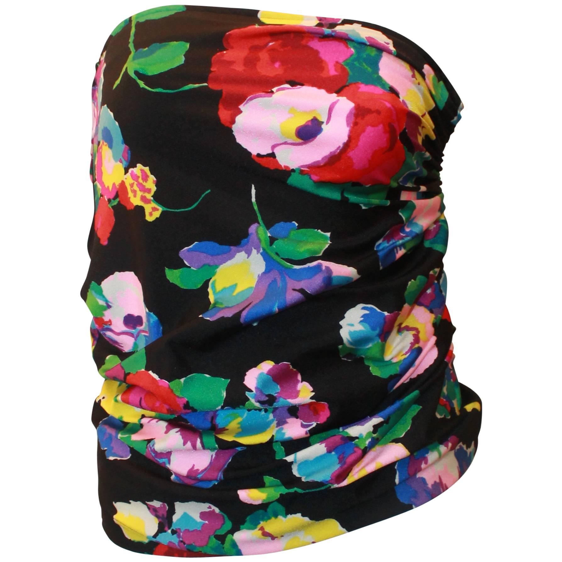 Emanuel Ungaro Black Strapless Ruched Top with Multicolor Flowers - M