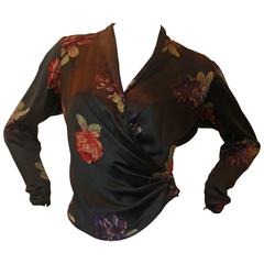 Emanuel Ungaro 1980's Vintage Black Silk Floral Long Sleeve Top - S