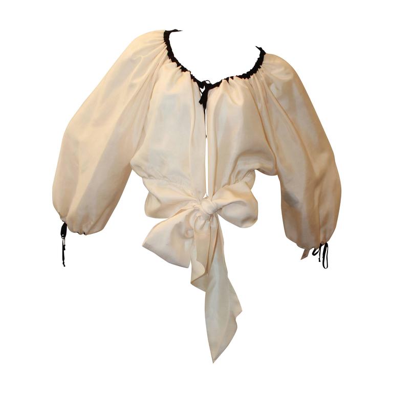 Jean Paul Gaultier Ivory Silk Peasant Top with Black Trim and Front Tie ...