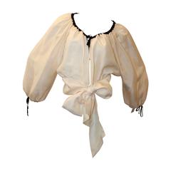 Jean Paul Gaultier Ivory Silk Peasant Top with Black Trim & Front Tie - 6