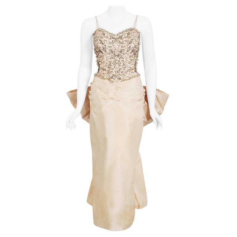 Vintage 1950's Custom Couture Beaded Jeweled Ivory Silk Hourglass Back-Bow Gown For Sale